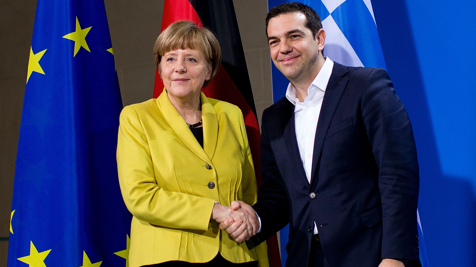 Whalley Range Labour - Angela Merkel and Alexis Tsipras in Greece EU debt Crisis Talks - Angeliki Stogia
