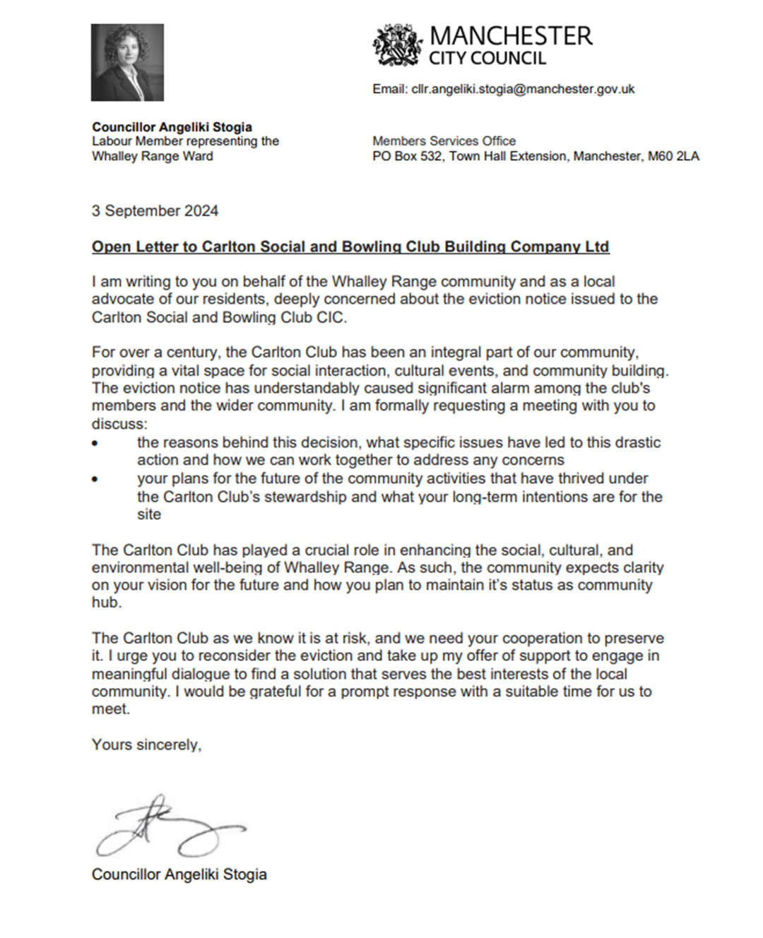 Whalley Range Labour - Councillor Angeliki Stogia Open Letter to Carlton Club 2024